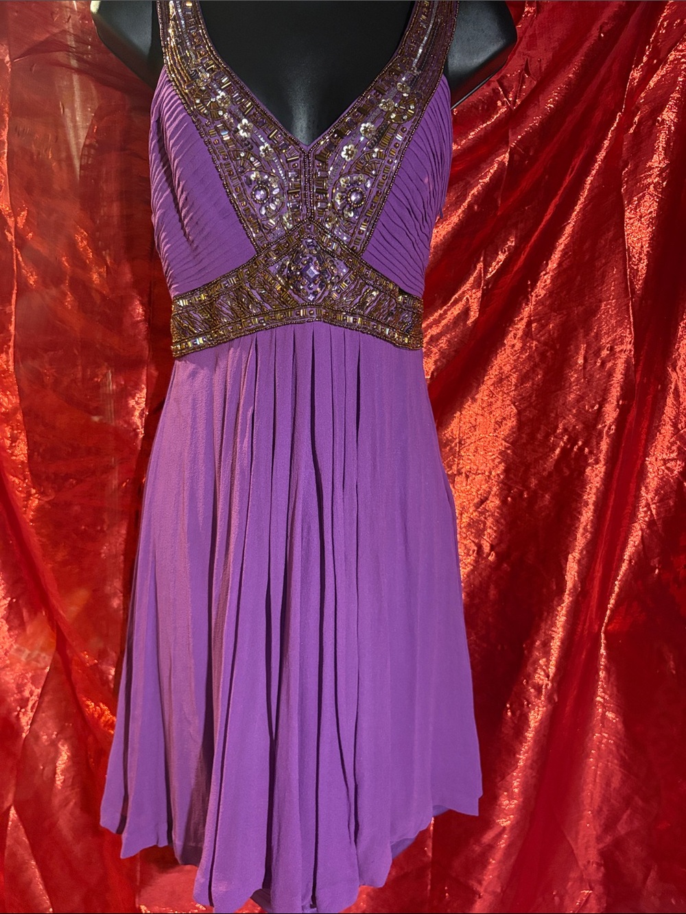 Beaded V-Neck Purple Evening Dress